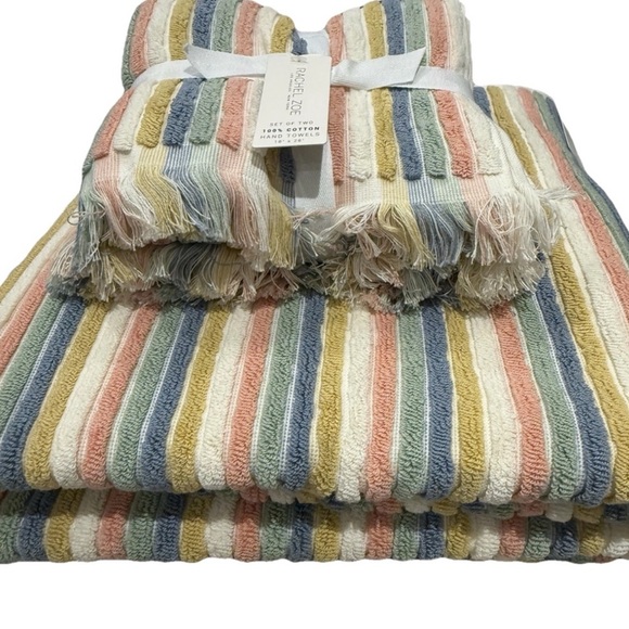 4 pc Rachel Zoe Pastel Rainbow Stripes 2 Bath 2 Hand  Towels Set 100% Cotton New - Picture 1 of 10
